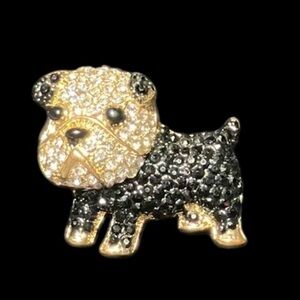 Elegant Black and Gold Tone Clear Rhinestone Dog Brooch